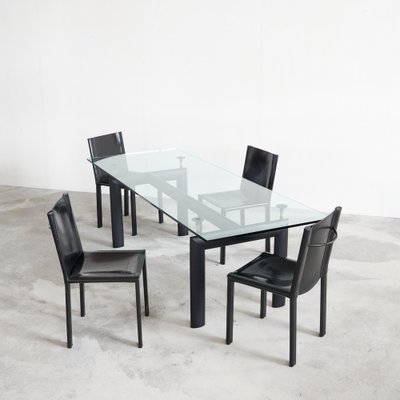 LC6 Dining Table attributed to Le Corbusier for Cassina and Chairs in Black Leather by Matteo Grassi, 1990s, Set of 5-LPQ-1781111