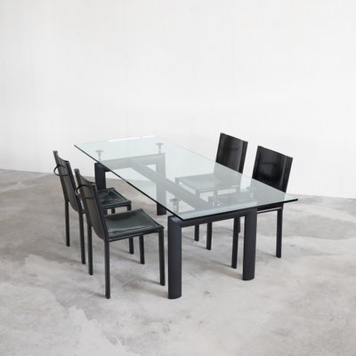 LC6 Dining Table attributed to Le Corbusier for Cassina and Chairs in Black Leather by Matteo Grassi, 1990s, Set of 5-LPQ-1781111