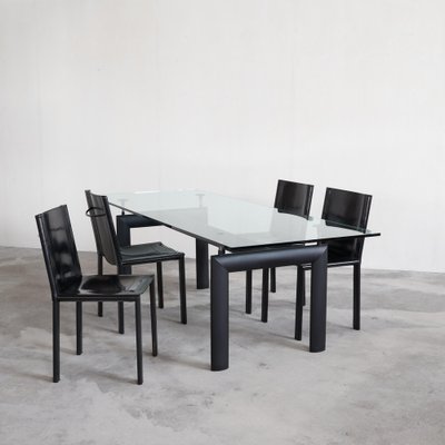 LC6 Dining Table attributed to Le Corbusier for Cassina and Chairs in Black Leather by Matteo Grassi, 1990s, Set of 5-LPQ-1781111