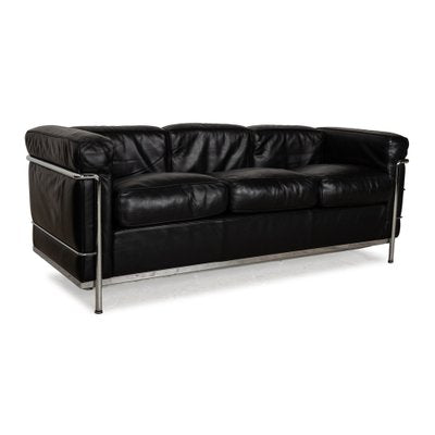 Le Corbusier LC 2 Leather Three Seater Black Sofa by Le Corbusier for Cassina-RQW-2036309