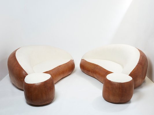 Leather and Bouclé Croissant Sofas by Raphael Raffel, 1970s, Set of 2-YJA-1360491