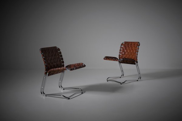 Leather and Chrome Side Chairs, Italy, 1970s, Set of 2-CO-1436711