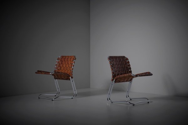 Leather and Chrome Side Chairs, Italy, 1970s, Set of 2-CO-1436711