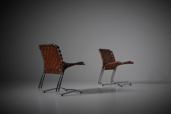 Leather and Chrome Side Chairs, Italy, 1970s, Set of 2-CO-1436711