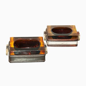 Leather and Stitched Glass Ashtrays, 1970s, Set of 2-UR-547921