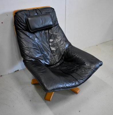 Leather & Beech Swivel Chair, 1970s-RVK-878795