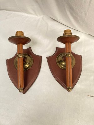 Leather-Covered Wall Lights by Jacques Adnet, 1950, Set of 2-VRR-1987464