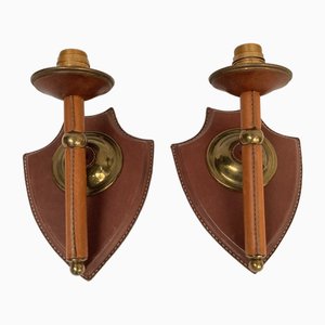 Leather-Covered Wall Lights by Jacques Adnet, 1950, Set of 2-VRR-1987464