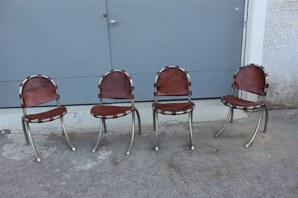 Leather & Metal Model Medusa Lounge Chairs by Bazzani for Studio Tetrark, 1950s, Set of 4-EH-602458