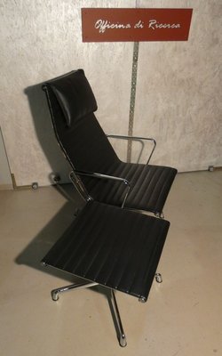 Leather Relaxing Aluminum Style Armchair with Stool, 1980s, Set of 2-ERB-771960