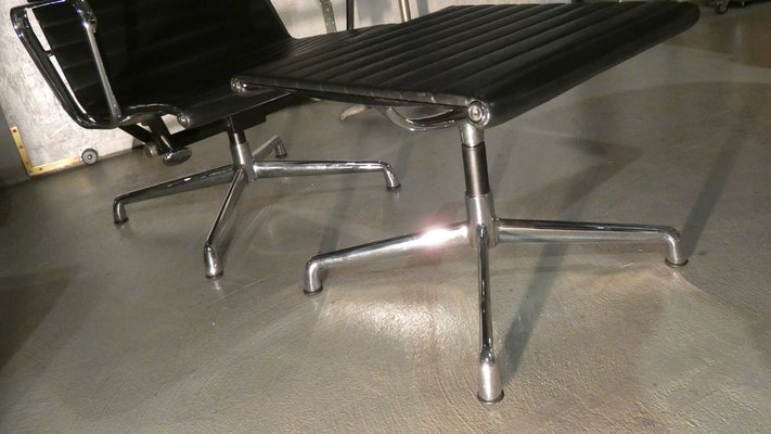 Leather Relaxing Aluminum Style Armchair with Stool, 1980s, Set of 2-ERB-771960