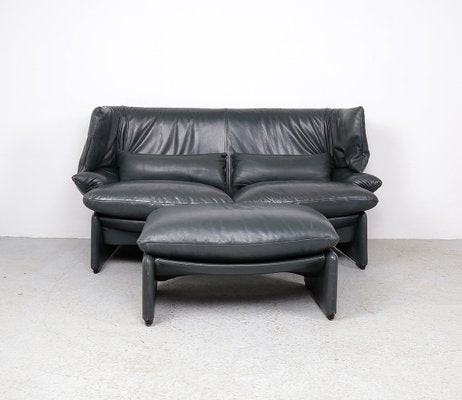 Leather Sofa with Pouf by Vico Magistretti for Cassina, 1980s, Set of 2-SN-2025966