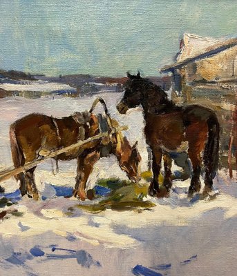 Leonid Vaichili, February, Horses in the Snow, Oil Painting, 1965-QUE-1757392