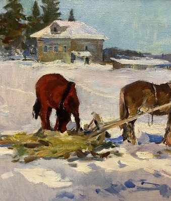 Leonid Vaichili, February, Horses in the Snow, Oil Painting, 1965-QUE-1757392