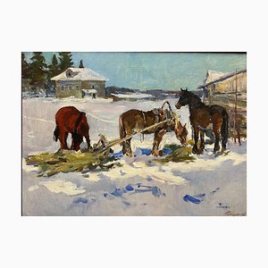 Leonid Vaichili, February, Horses in the Snow, Oil Painting, 1965-QUE-1757392