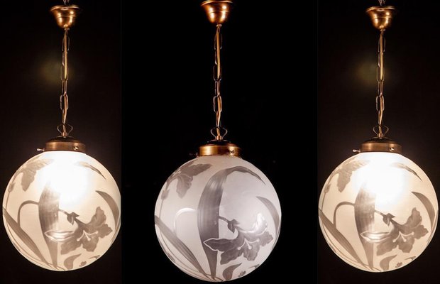 Liberty Engraved Glass Sphere Chandelier or Lantern, Italy, 1940-MBH-1031619