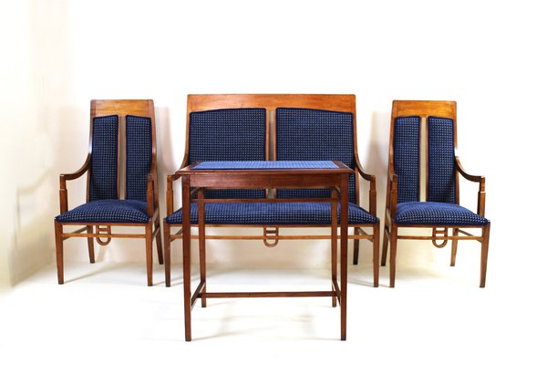 Liberty Living Room Set in Beech and Blue Velvet, 1900s, Set of 4-WIM-1787590