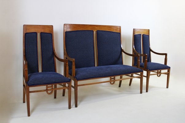 Liberty Living Room Set in Beech and Blue Velvet, 1900s, Set of 4-WIM-1787590