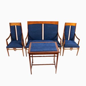 Liberty Living Room Set in Beech and Blue Velvet, 1900s, Set of 4-WIM-1787590