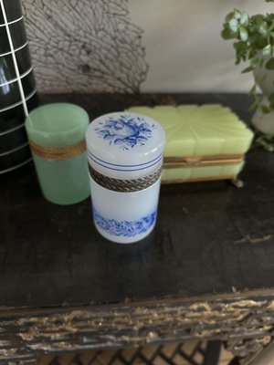 Light Grey Opaline Glass Box with Blue Floral Enamel Decoration, 1890s-JO-1772554