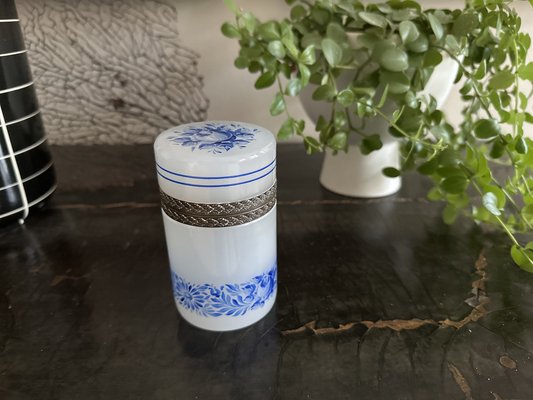 Light Grey Opaline Glass Box with Blue Floral Enamel Decoration, 1890s-JO-1772554