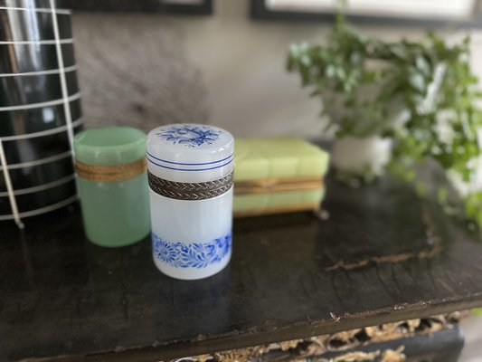 Light Grey Opaline Glass Box with Blue Floral Enamel Decoration, 1890s-JO-1772554