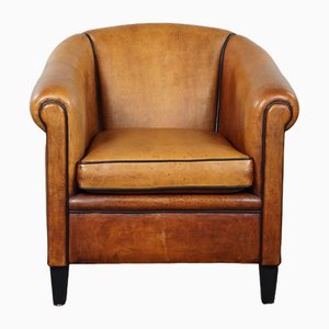 Light Leather Club Armchair with Black Pipping-HPP-1773126