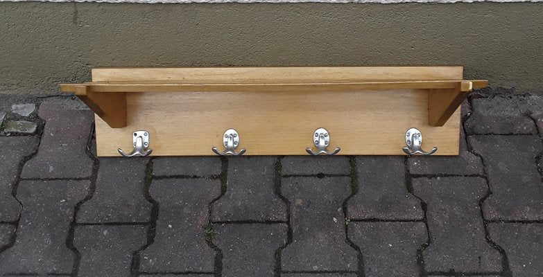 Light Oak Wall Rack with Chromed Metal Hooks, 1960s-HOI-874440