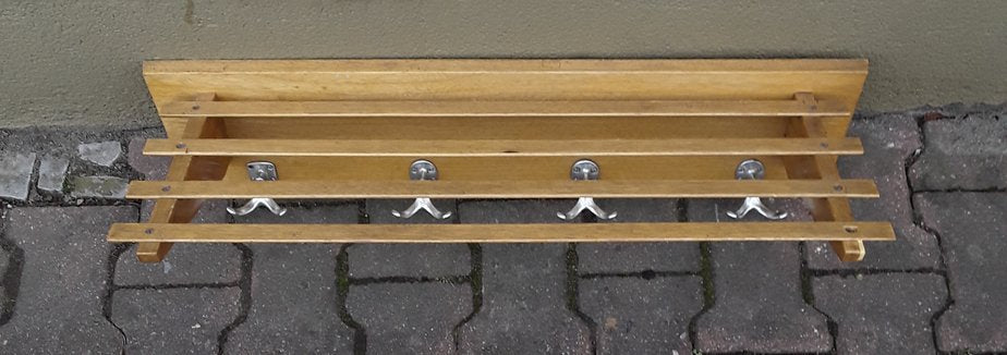 Light Oak Wall Rack with Chromed Metal Hooks, 1960s-HOI-874440