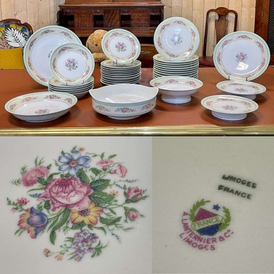 Limoges Porcelain Dinner Service with Floral Decor, Set of 37-QYF-1420413