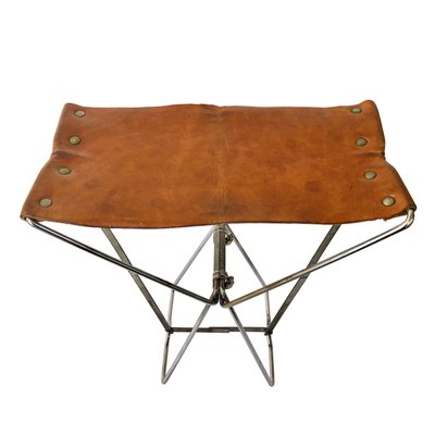 Little Industrial Brown Leather & Metal Folding Portable Stool-LYQ-1171808