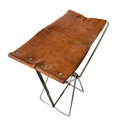 Little Industrial Brown Leather & Metal Folding Portable Stool-LYQ-1171808