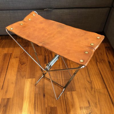 Little Industrial Brown Leather & Metal Folding Portable Stool-LYQ-1171808