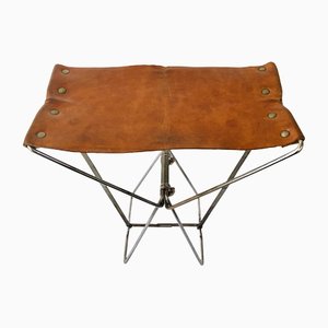 Little Industrial Brown Leather & Metal Folding Portable Stool-LYQ-1171808