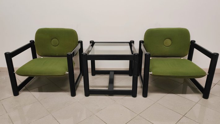 Living Room Set in Green and Black, 1970s, Set of 3-AKW-2021600