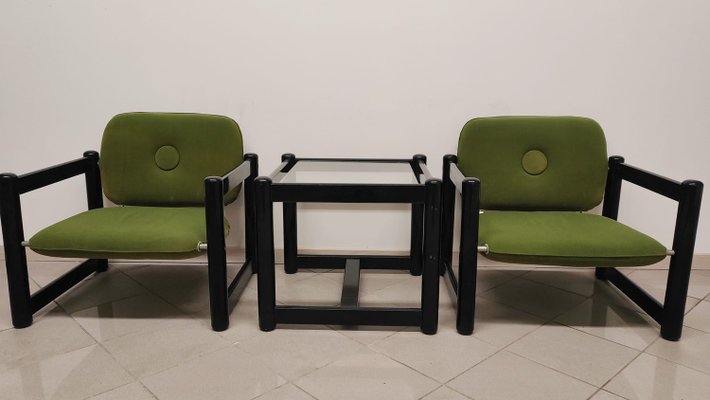 Living Room Set in Green and Black, 1970s, Set of 3-AKW-2021600