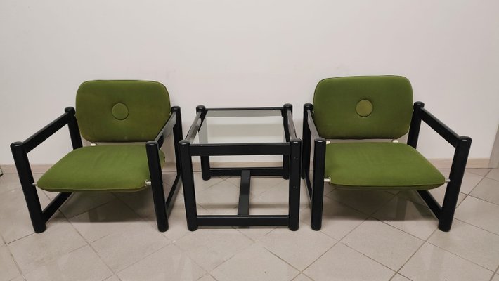 Living Room Set in Green and Black, 1970s, Set of 3-AKW-2021600