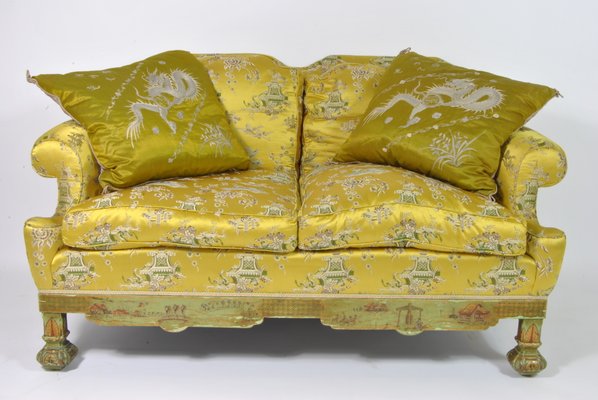 Living Room Set with Chinoiserie Decoration in Original Silk Fabric, France, 1890s, Set of 3-WFB-941181