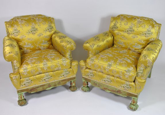 Living Room Set with Chinoiserie Decoration in Original Silk Fabric, France, 1890s, Set of 3-WFB-941181