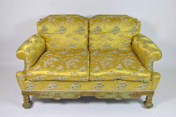 Living Room Set with Chinoiserie Decoration in Original Silk Fabric, France, 1890s, Set of 3-WFB-941181