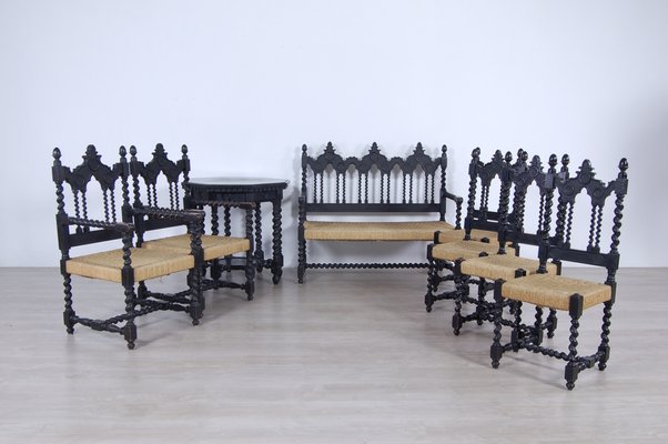 Living Room Set with Turned Legs, Italy, Late 1800s, Set of 8-XSG-1029478