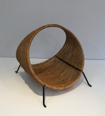 Log Holder in Black Lacquered Metal and Rattan, 1970s-BA-1530036