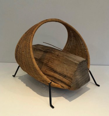 Log Holder in Black Lacquered Metal and Rattan, 1970s-BA-1530036