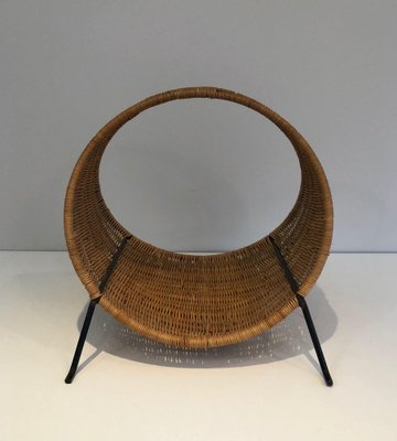 Log Holder in Black Lacquered Metal and Rattan, 1970s-BA-1530036