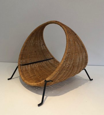 Log Holder in Black Lacquered Metal and Rattan, 1970s-BA-1530036