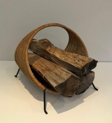 Log Holder in Black Lacquered Metal and Rattan, 1970s-BA-1530036