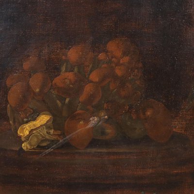 Lombard School, Still Life with Grapes, Flowers and Mushrooms, Late 1600s, Oil on Canvas, Framed-VMM-1283526