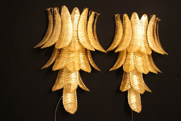 Long Golden Murano Glass Sconces in Palm Tree Shape from Barovier & Toso, Set of 2-YF-929064