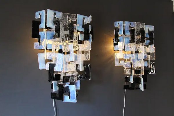 Long Interlocking Sconces in Opalescent, Crystal and Black Glass from Mazzega, 2000s, Set of 2-YF-1720486