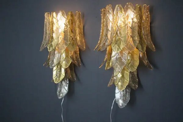 Long Textured Golden and Smoked Murano Glass Sconces in Palm Tree Shape from Barovier & Toso., 1990s-YF-1720574